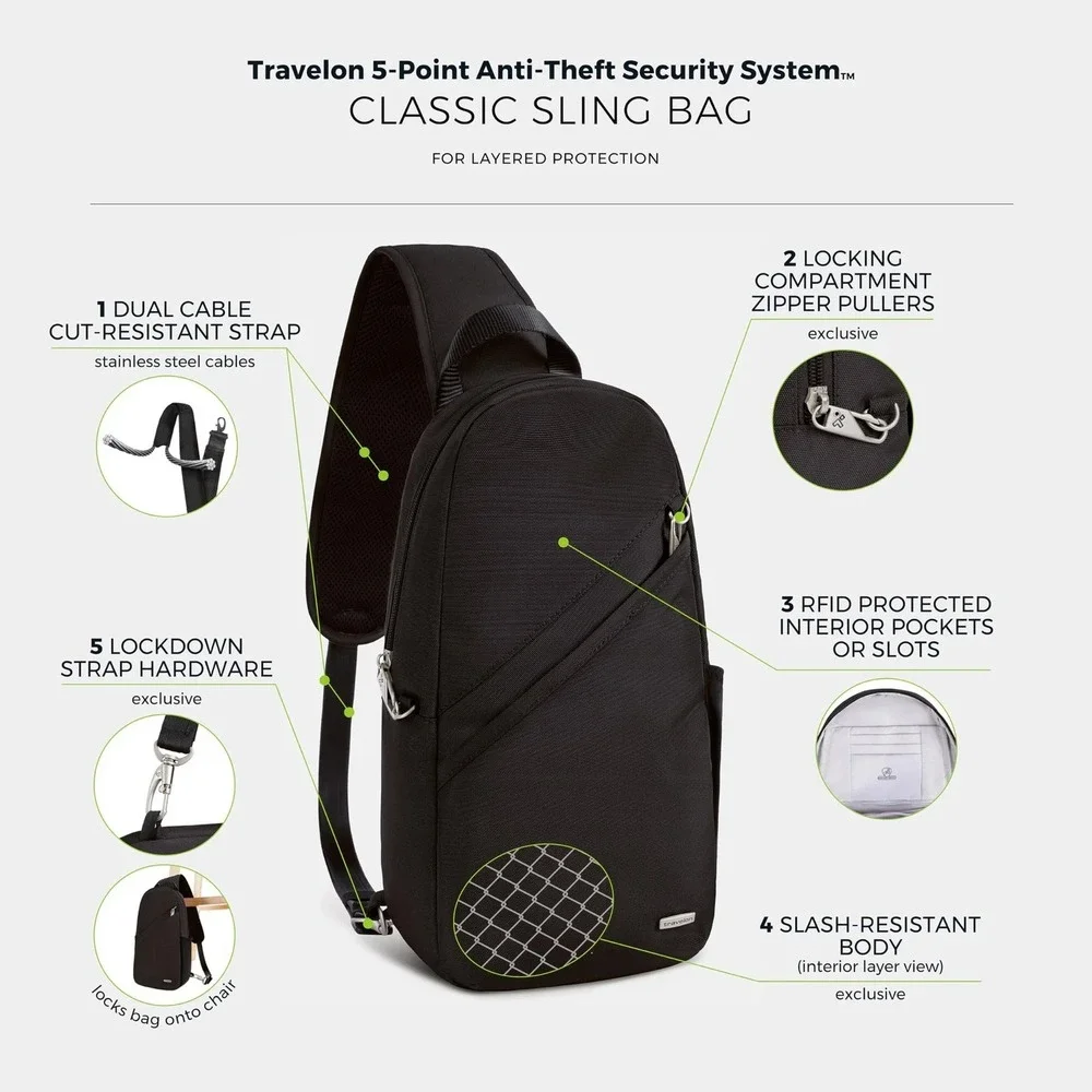 Travel-On Anti-Theft Security Classic Black Sling Bag Crossbody Backpack Unisex